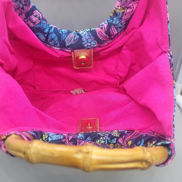 Lilly Pulitzer Aegean Navy Calypso Coast Bamboo Handle Hobo Handbag - Picture 10 of 14